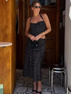 Two Piece Sets Black Chic Polka Dot Office Career Halter Sleeveless Summer ToP Skirt Sets