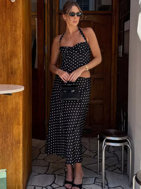 Two Piece Sets Black Chic Polka Dot Office Career Halter Sleeveless Summer ToP Skirt Sets