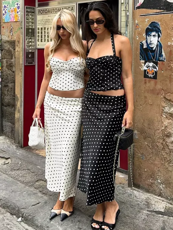 Two Piece Sets Black Chic Polka Dot Office Career Halter Sleeveless Summer ToP Skirt Sets