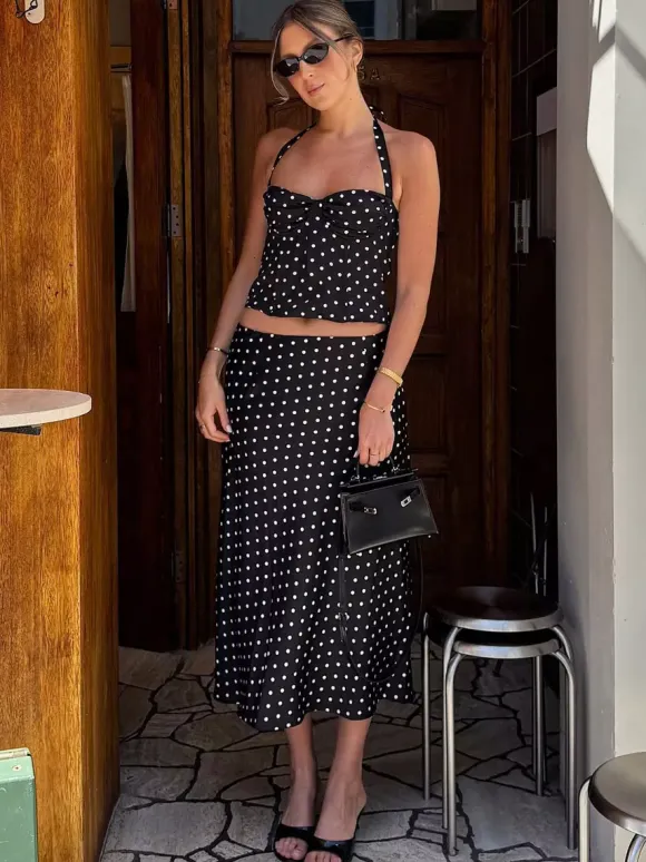 Two Piece Sets Black Chic Polka Dot Office Career Halter Sleeveless Summer ToP Skirt Sets