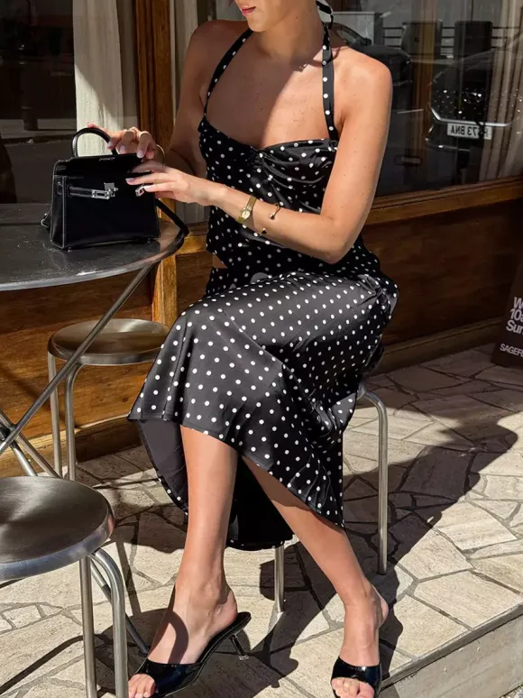 Two Piece Sets Black Chic Polka Dot Office Career Halter Sleeveless Summer ToP Skirt Sets
