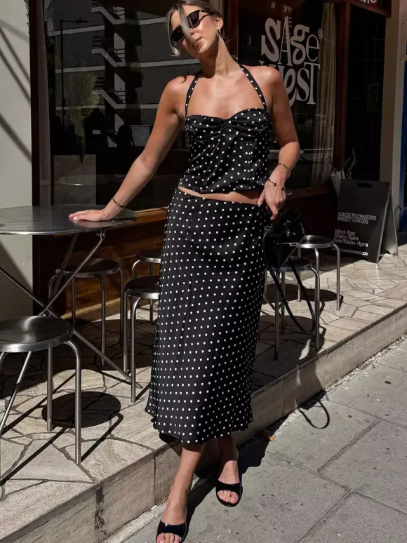 Two Piece Sets Black Chic Polka Dot Office Career Halter Sleeveless Summer ToP Skirt Sets