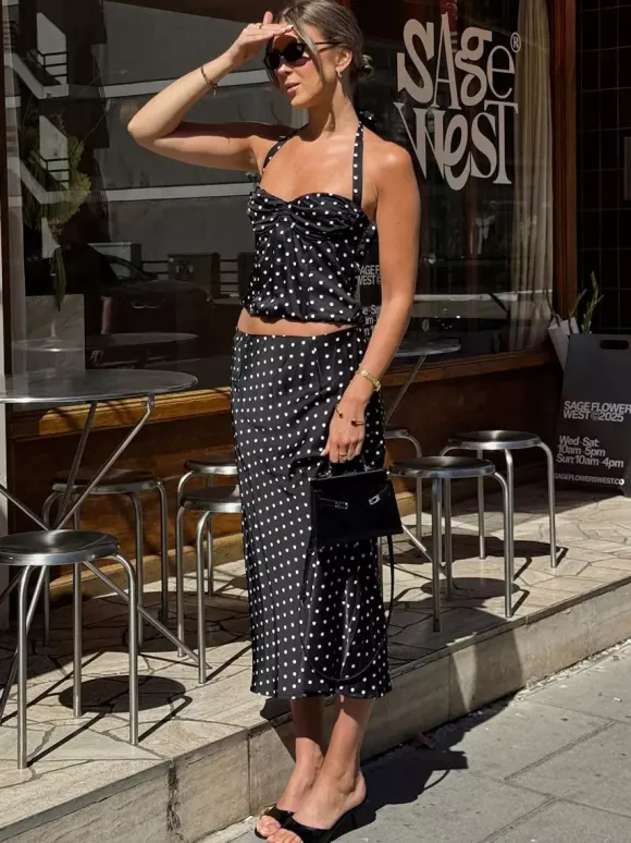 Two Piece Sets Black Chic Polka Dot Office Career Halter Sleeveless Summer ToP Skirt Sets