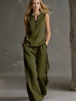 Two Piece Sets Black Chic Two-Tone Street Wear Buttons Polyester Jewel Neck Sleeveless Pant Set