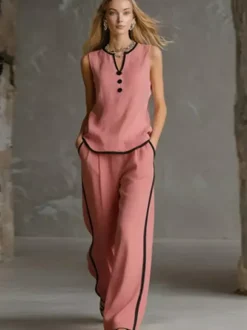 Two Piece Sets Black Chic Two-Tone Street Wear Buttons Polyester Jewel Neck Sleeveless Pant Set