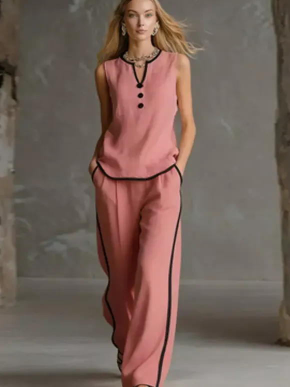 Two Piece Sets Black Chic Two-Tone Street Wear Buttons Polyester Jewel Neck Sleeveless Pant Set