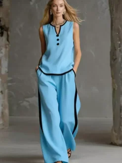 Two Piece Sets Black Chic Two-Tone Street Wear Buttons Polyester Jewel Neck Sleeveless Pant Set