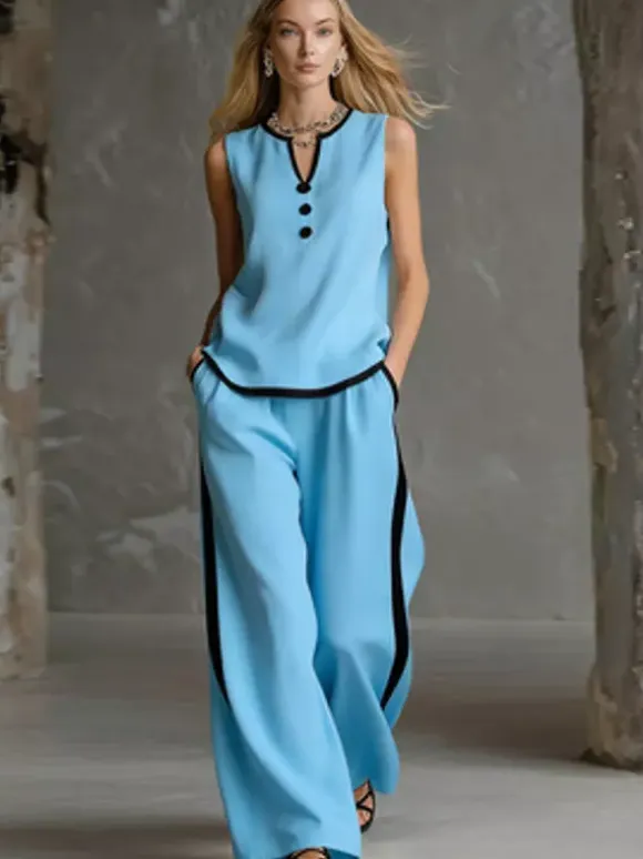 Two Piece Sets Black Chic Two-Tone Street Wear Buttons Polyester Jewel Neck Sleeveless Pant Set