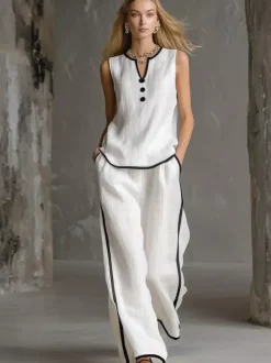 Two Piece Sets Black Chic Two-Tone Street Wear Buttons Polyester Jewel Neck Sleeveless Pant Set