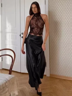 Two Piece Sets Black Daily Casual Lace Chic Sleeveless Skirt Set