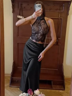 Two Piece Sets Black Daily Casual Lace Chic Sleeveless Skirt Set