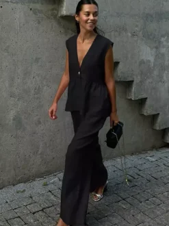 Two Piece Sets Black Daily Casual Cotton V-Neck Sleeveless Casual Pant Set