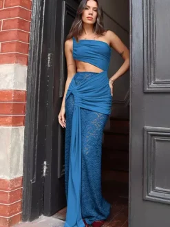 Two Piece Sets Black Daily Casual Lace Casual One-Shoulder Pleated Sleeveless Skirt Set