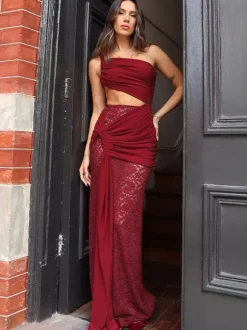 Two Piece Sets Black Daily Casual Lace Casual One-Shoulder Pleated Sleeveless Skirt Set