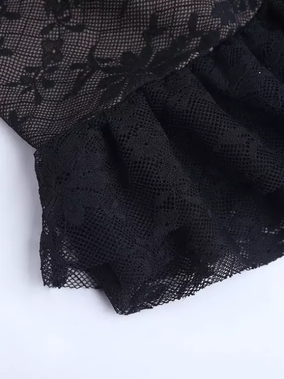 Two Piece Sets Black Lace Chic Straps Backless Neck Short Sleeves Skirt Set