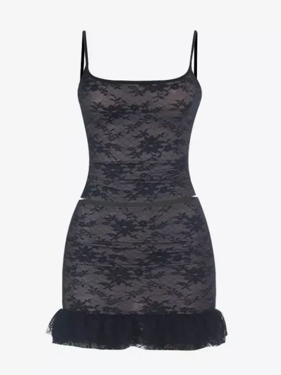 Two Piece Sets Black Lace Chic Straps Backless Neck Short Sleeves Skirt Set