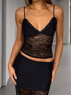 Two Piece Sets Black Party Polyester Lace Casual Straps Neck Sleeveless Skirt Set