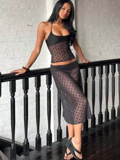 Two Piece Sets Black Polka Dot Sexy Straps Neck Sheer Sleeveless Skirt Set