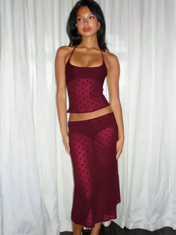 Two Piece Sets Black Polka Dot Sexy Straps Neck Sheer Sleeveless Skirt Set