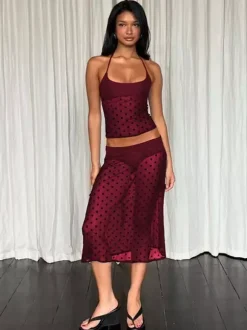 Two Piece Sets Black Polka Dot Sexy Straps Neck Sheer Sleeveless Skirt Set
