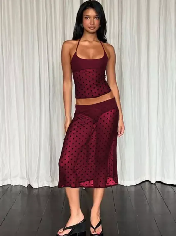 Two Piece Sets Black Polka Dot Sexy Straps Neck Sheer Sleeveless Skirt Set