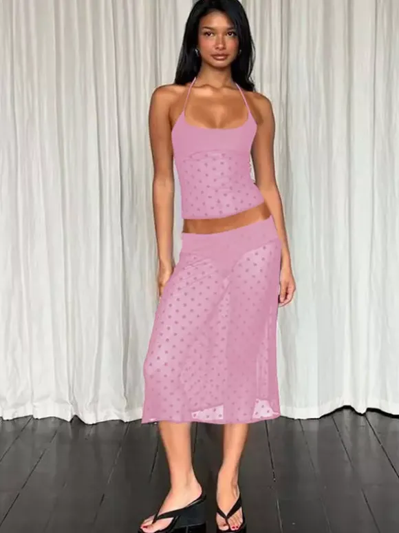 Two Piece Sets Black Polka Dot Sexy Straps Neck Sheer Sleeveless Skirt Set