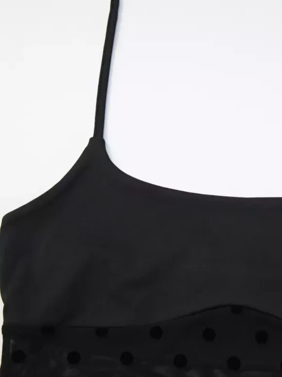 Two Piece Sets Black Polka Dot Sexy Straps Neck Sheer Sleeveless Skirt Set