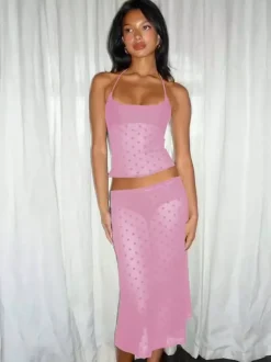 Two Piece Sets Black Polka Dot Sexy Straps Neck Sheer Sleeveless Skirt Set
