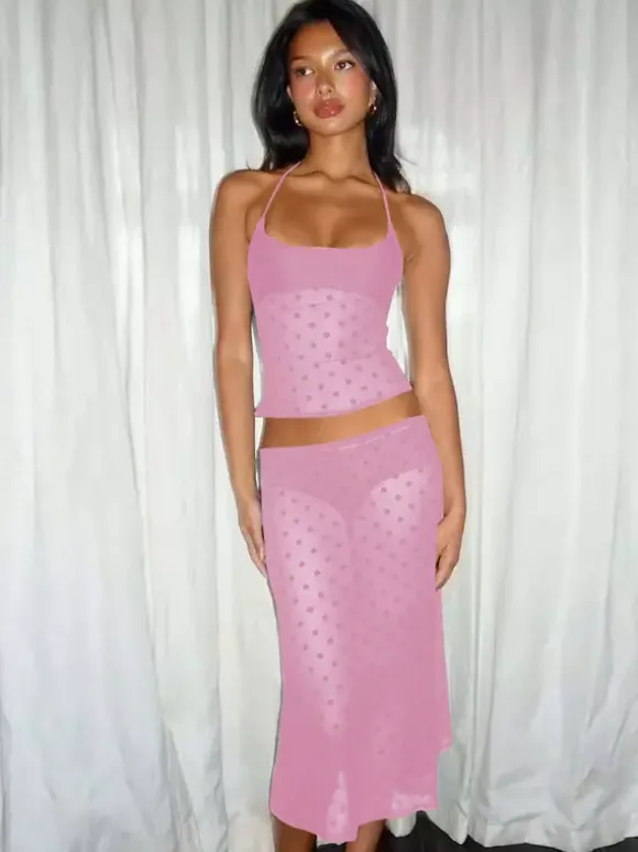 Two Piece Sets Black Polka Dot Sexy Straps Neck Sheer Sleeveless Skirt Set