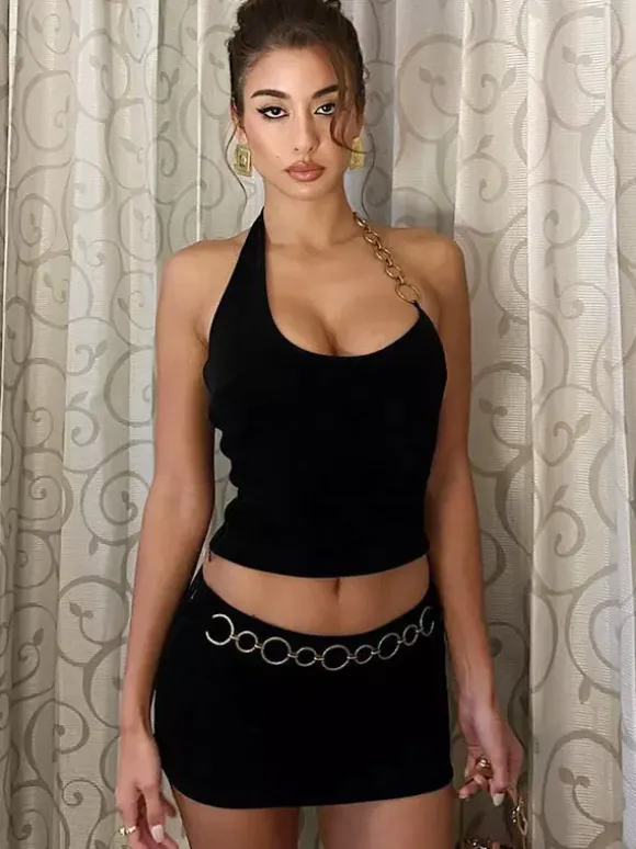 Two Piece Sets Black Resort Wear Chains Sexy Halter Asymmetrical Sleeveless Skirt Set