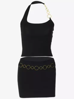 Two Piece Sets Black Resort Wear Chains Sexy Halter Asymmetrical Sleeveless Skirt Set