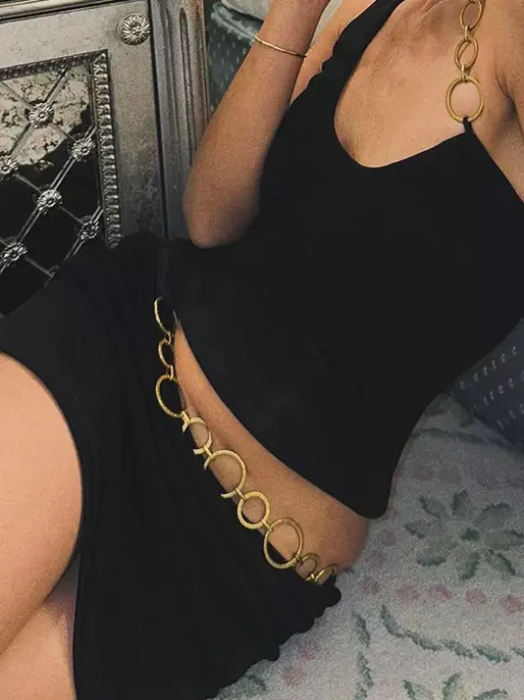 Two Piece Sets Black Resort Wear Chains Sexy Halter Asymmetrical Sleeveless Skirt Set