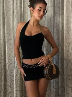 Two Piece Sets Black Resort Wear Chains Sexy Halter Asymmetrical Sleeveless Skirt Set