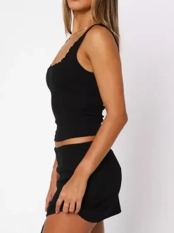 Two Piece Sets Black Sexy Lace Daily Casual Polyester Straps Neck Sleeveless Skirt Set