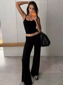 Two Piece Sets Black Silk Spaghetti Strap Crop Cami High Waist Flare Pants Set