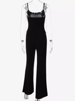 Two Piece Sets Black Silk Spaghetti Strap Crop Cami High Waist Flare Pants Set