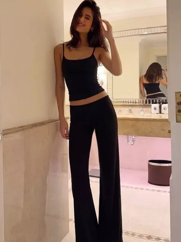 Two Piece Sets Black Silk Spaghetti Strap Crop Cami High Waist Flare Pants Set