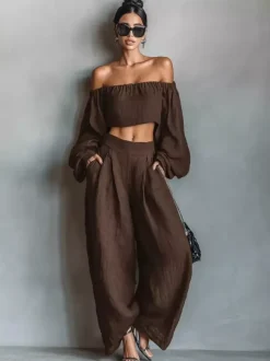 Two Piece Sets Black Strapless Poet Sleeves Long Sleeves Pant Set