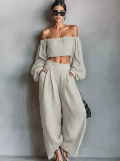 Two Piece Sets Black Strapless Poet Sleeves Long Sleeves Pant Set