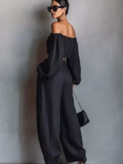 Two Piece Sets Black Strapless Poet Sleeves Long Sleeves Pant Set