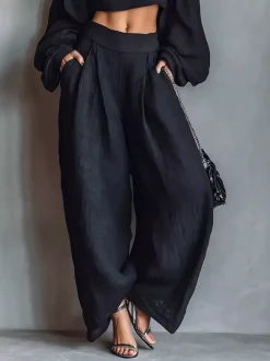 Two Piece Sets Black Strapless Poet Sleeves Long Sleeves Pant Set