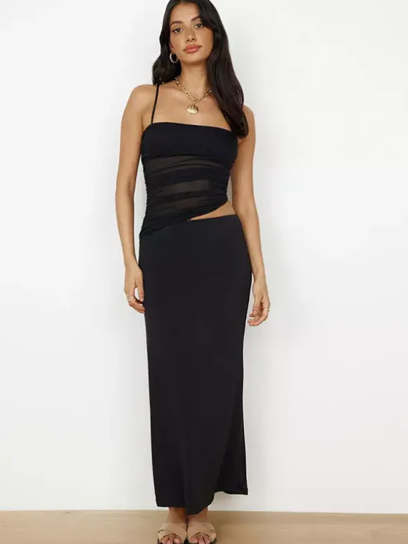 Two Piece Sets Black Street Wear Casual Straps Neck Pleated Sleeveless Top Skirt Set