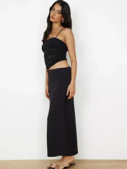 Two Piece Sets Black Street Wear Casual Straps Neck Pleated Sleeveless Top Skirt Set