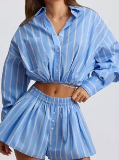 Two Piece Sets Blue Casual Stripes Street Wear Turndown Collar Lantern Sleeve Pant Set