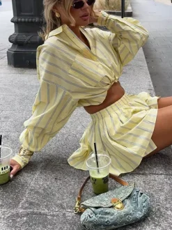 Two Piece Sets Blue Casual Stripes Street Wear Turndown Collar Lantern Sleeve Pant Set
