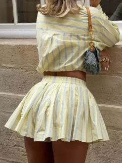 Two Piece Sets Blue Casual Stripes Street Wear Turndown Collar Lantern Sleeve Pant Set