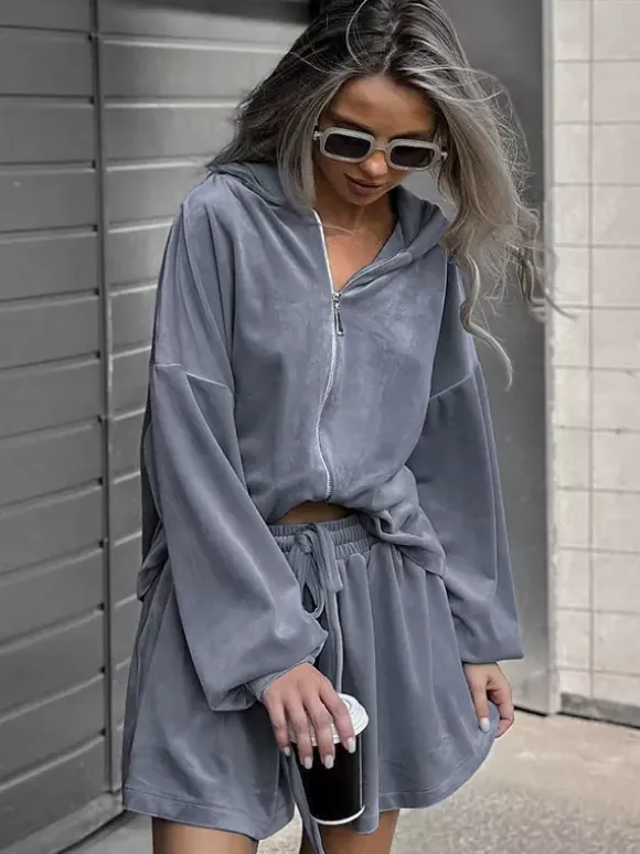 Two Piece Sets Blue Casual Street Wear V-Neck Long Sleeves Pant Set