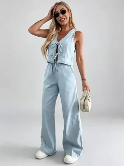 Two Piece Sets Blue Casual Street Wear V-Neck Sleeveless Pant Set