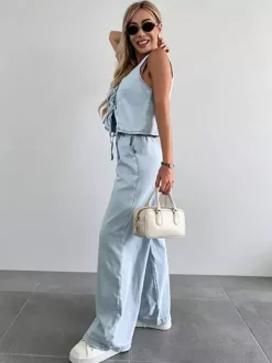 Two Piece Sets Blue Casual Street Wear V-Neck Sleeveless Pant Set