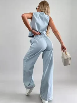 Two Piece Sets Blue Casual Street Wear V-Neck Sleeveless Pant Set